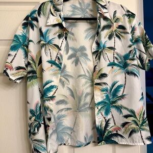 Unisex Tropical Palm Short-Sleeve Button Up Shirt - Teal & White